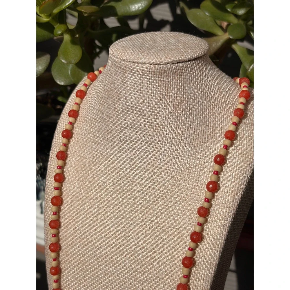 Handmade Beaded Necklace Marbled Stone Wood Glass Graduated Strand Gold Tone